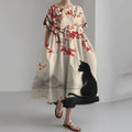 Women's Japanese Cherry Blossom Black Cat Print Short Sleeve Dress elevenforest