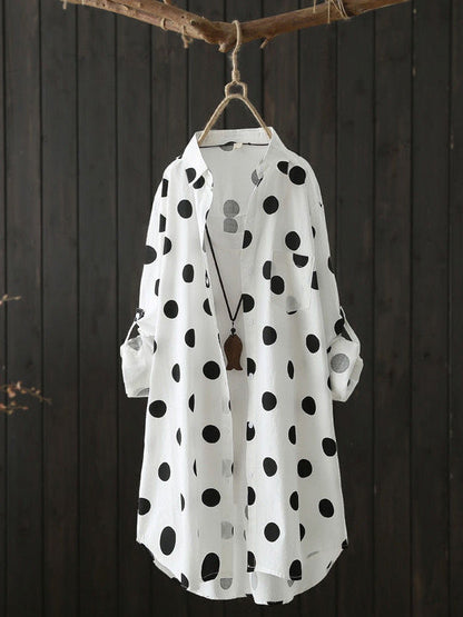 High-low Long Sleeves Polka-dot Lapel Shirts Tops