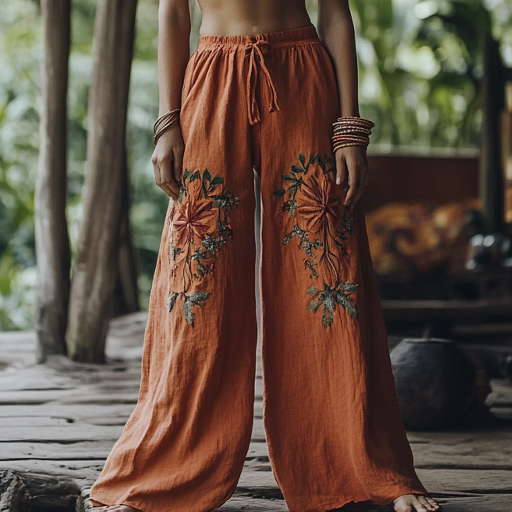 Bohemian Holiday Style Retro Linen Floral Ethnic Totem Print Linen Long Loose Wide-leg Pants elevenforest