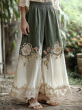Vintage Floral Embroidered Linen Blend Lace Casual Pants elevenforest