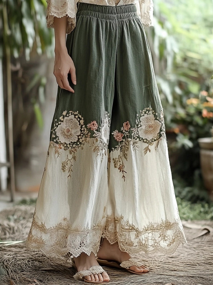 Vintage Floral Embroidered Linen Blend Lace Casual Pants elevenforest