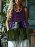 Vintage Geometric Floral Lace Art Women's Linen Tank Top elevenforest