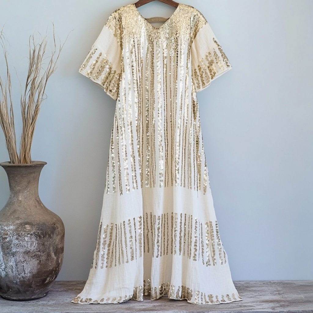 Women's Gold Sequin Striped Casual Linen Dress elevenforest