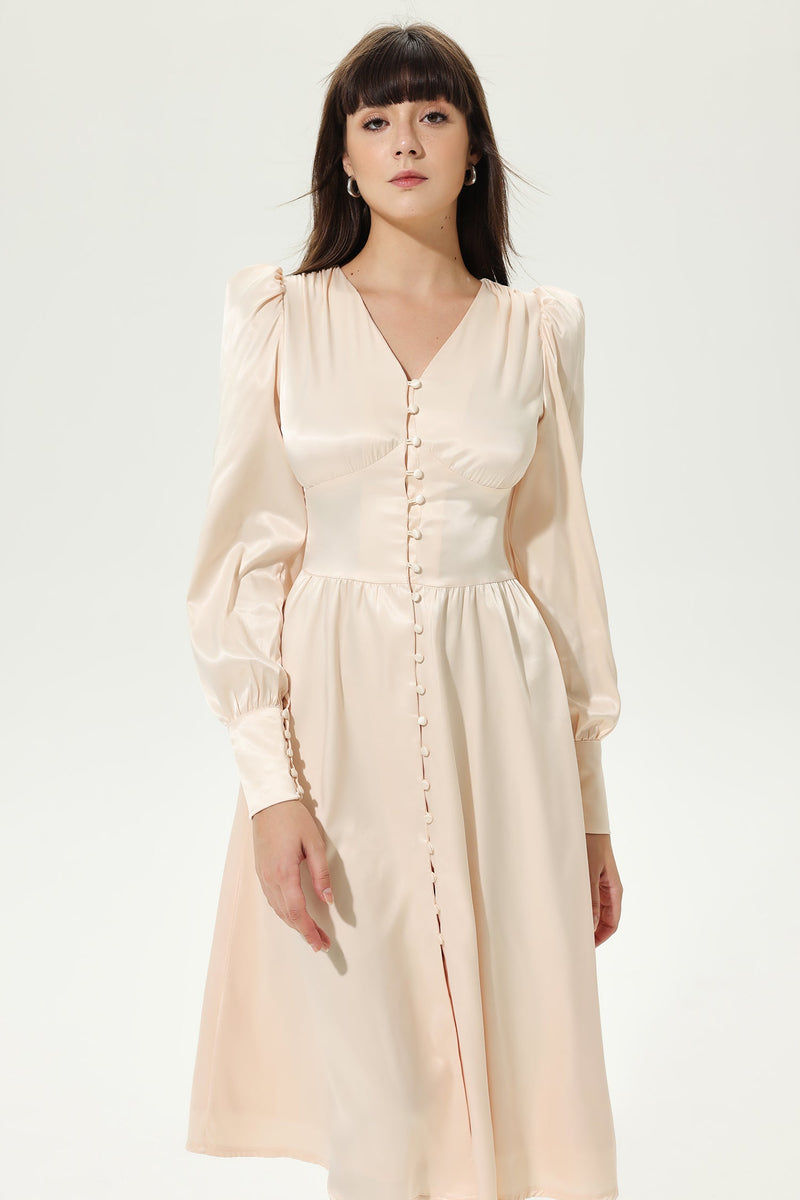 Lantern Sleeve V-neck Buttoned Midi Dress White