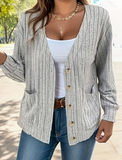 Autumn Winter Temu Clothing Color Buttons V Neck Loose Long Sleeved Cardigan