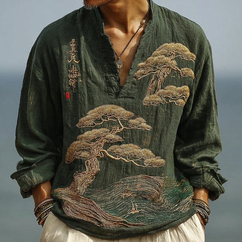 Men's Japanese Art Pine Embroidery Linen Shirt elevenforest