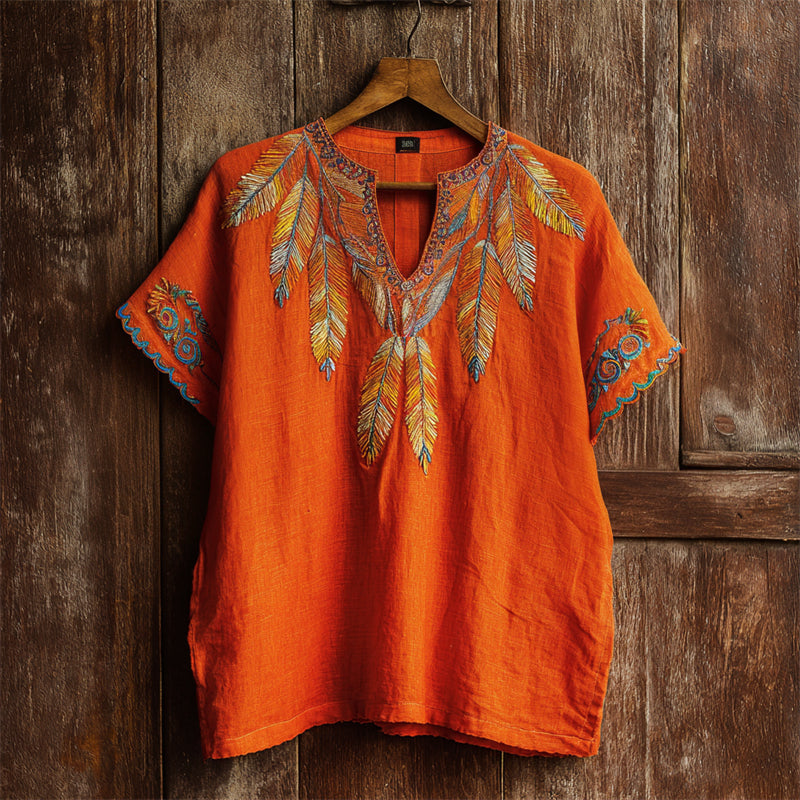 Boho Indigenous Ethnic Feathers Embroidered Orange Linen Shirt elevenforest