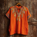 Boho Indigenous Ethnic Feathers Embroidered Orange Linen Shirt elevenforest