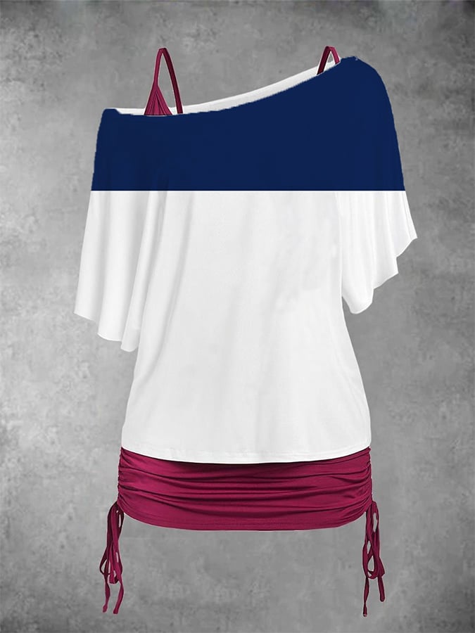Women'S Casual Slant Collar Bat Sleeve Contrast Color Top 