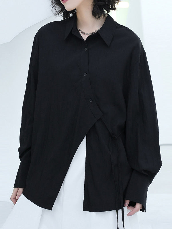 Loose Puff Sleeves Asymmetric Lace-up See-through Color Split-joint Lapel Blouses