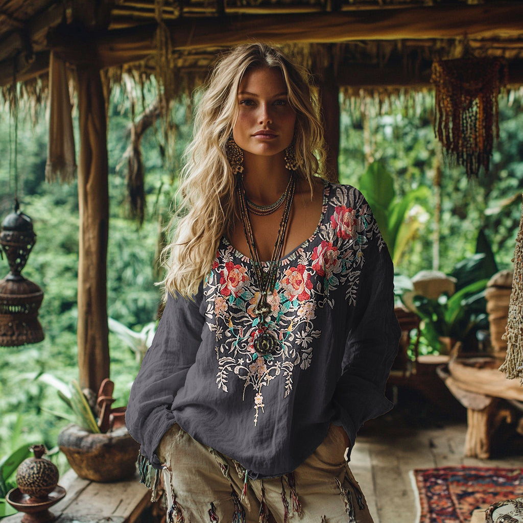 Comstylish Retro Bohemian Resort Floral Pattern Art Embroidery Cotton And Linen Blend Loose Blouse