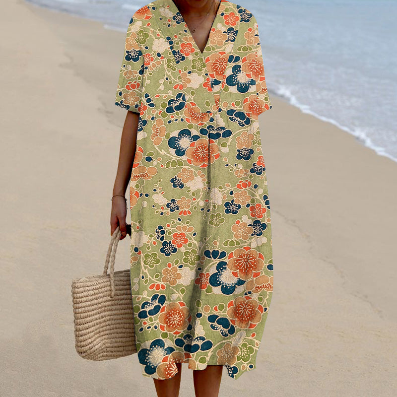 Vintage Japanese Art Sakura Printed V-Neck Loose Midi Dress elevenforest