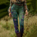 Women's Vintage Purple Lavender Patchwork And Floral Embroidered Art Gradient Leggings elevenforest