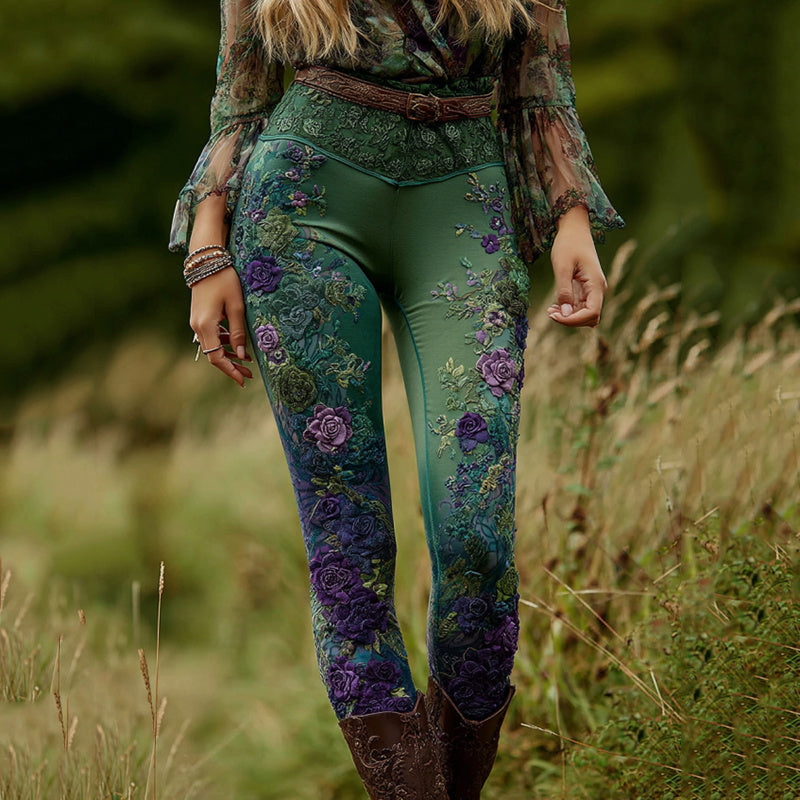 Women's Vintage Purple Lavender Patchwork And Floral Embroidered Art Gradient Leggings elevenforest