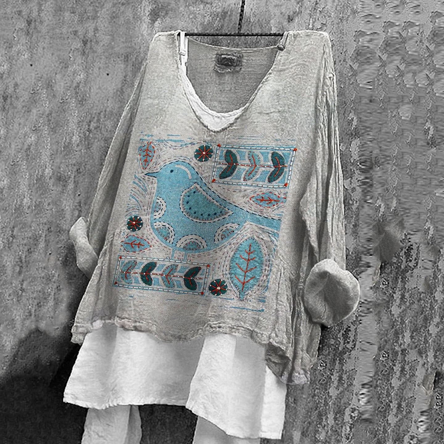 Women's Floral And Bird Applique Embroidered Cotton And Linen V-neck Shirt elevenforest