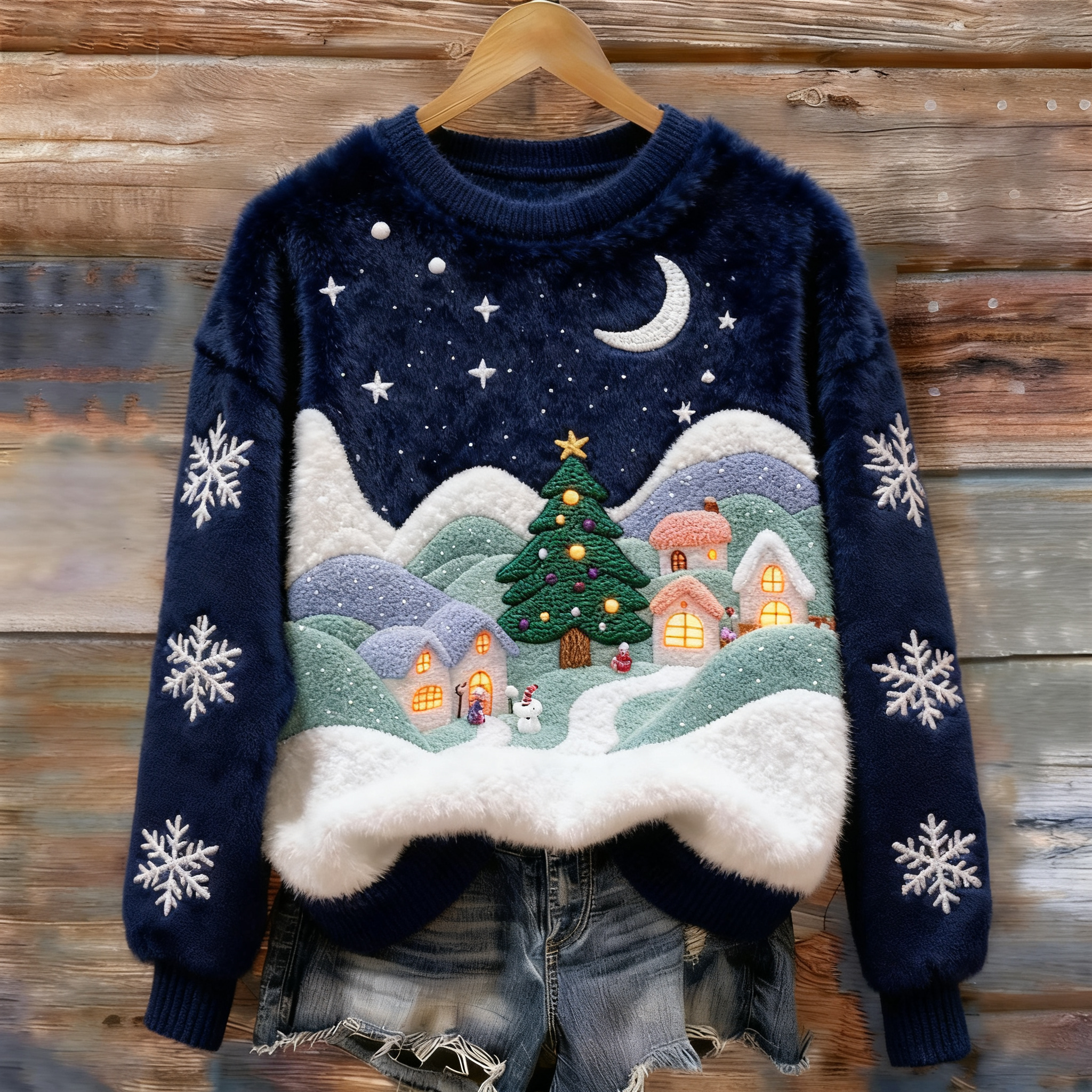 Comstylish Women's Christmas Snow Scene Embroidered Art Cozy Plush Sweater