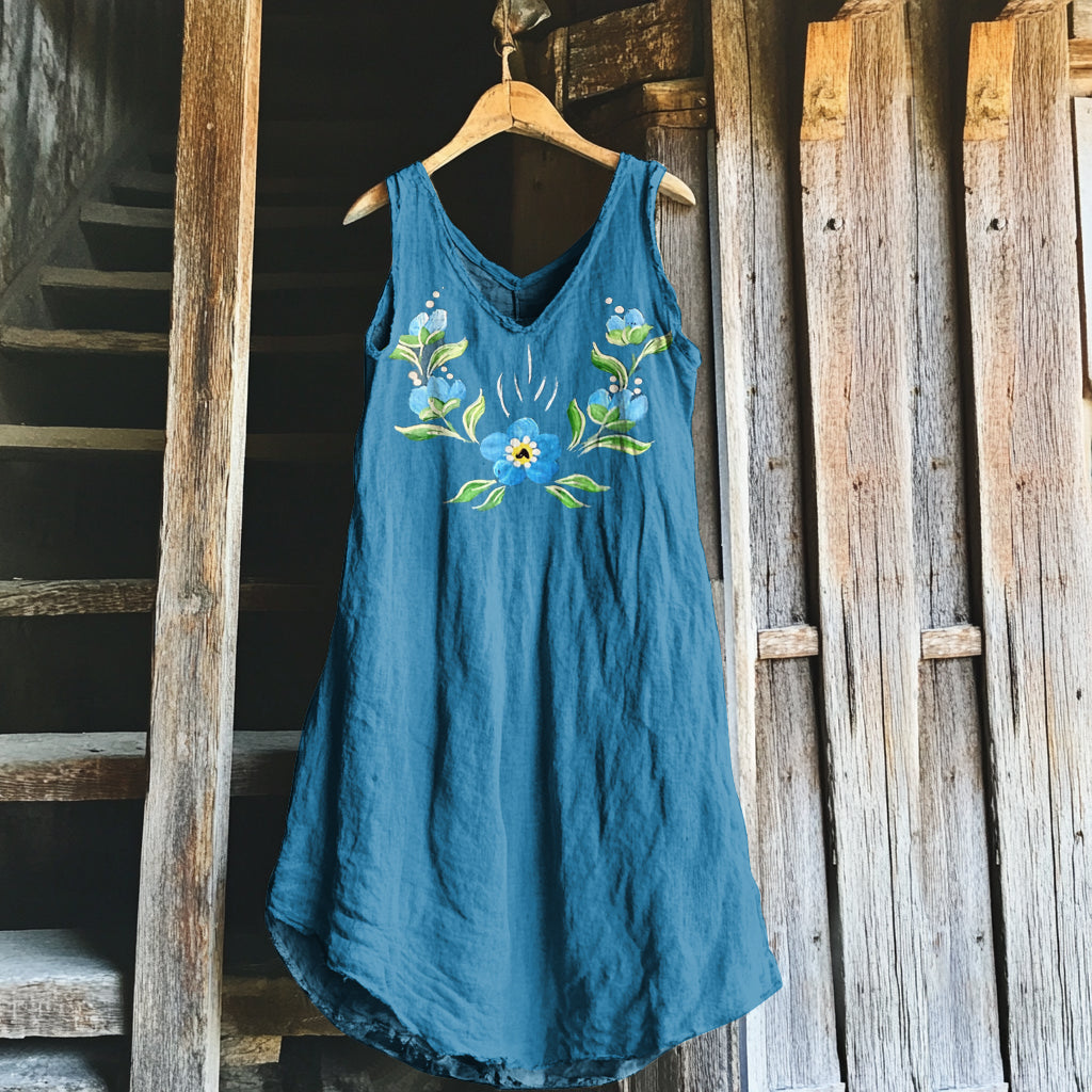 Women's Swedish Floral Cotton Linen Midi Dress elevenforest
