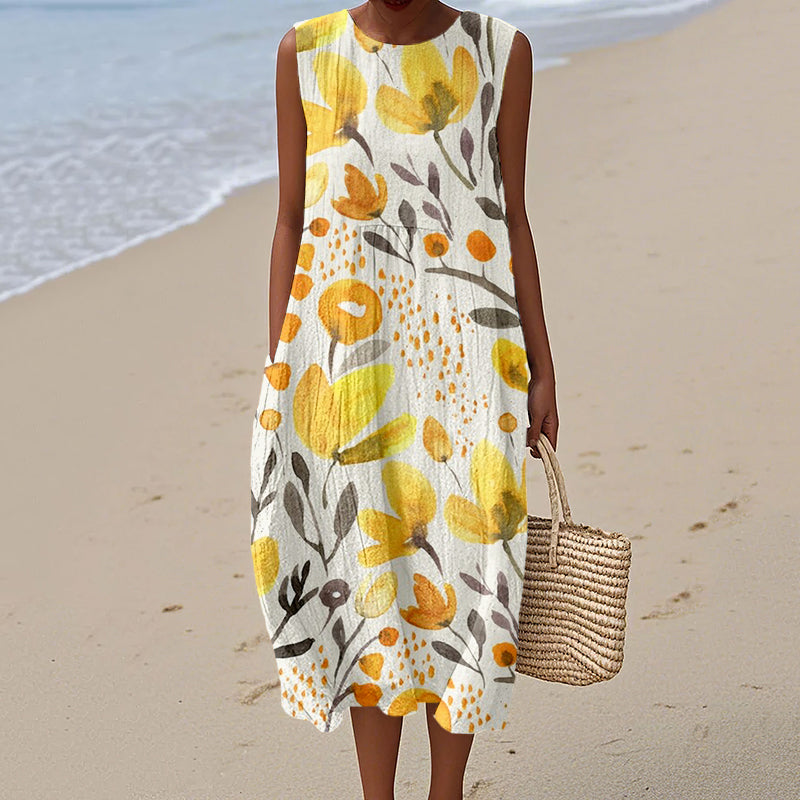 Yellow Field Flowers Pattern Linen Midi Dress elevenforest