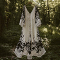 Vintage Floral Embroidered Pattern Linen Flowy Contrast Color Maxi Dress elevenforest