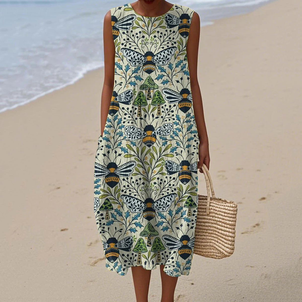 Women's Vintage Bee Floral Art Print Linen Tank Dress elevenforest