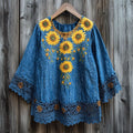 Women's Sunflower Embroidered Lace Patchwork Linen Blend Shirt1 elevenforest