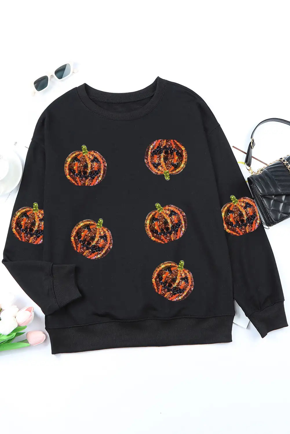 Black Sequin Halloween Pumpkin Sweatshirt