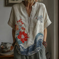 Vintage Japanese Art Lotus Pattern Linen Comfy Shirt elevenforest