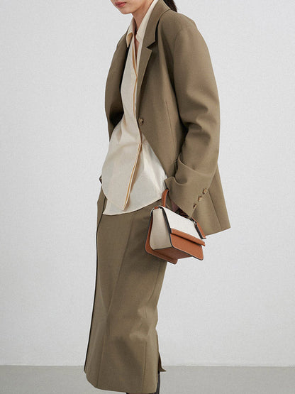 Loose Buttoned Color Long Sleeves Lapel Blouses&shirts Tops + Skirts Bottom + Notched Collar Blazer Outerwear Three Pieces Set