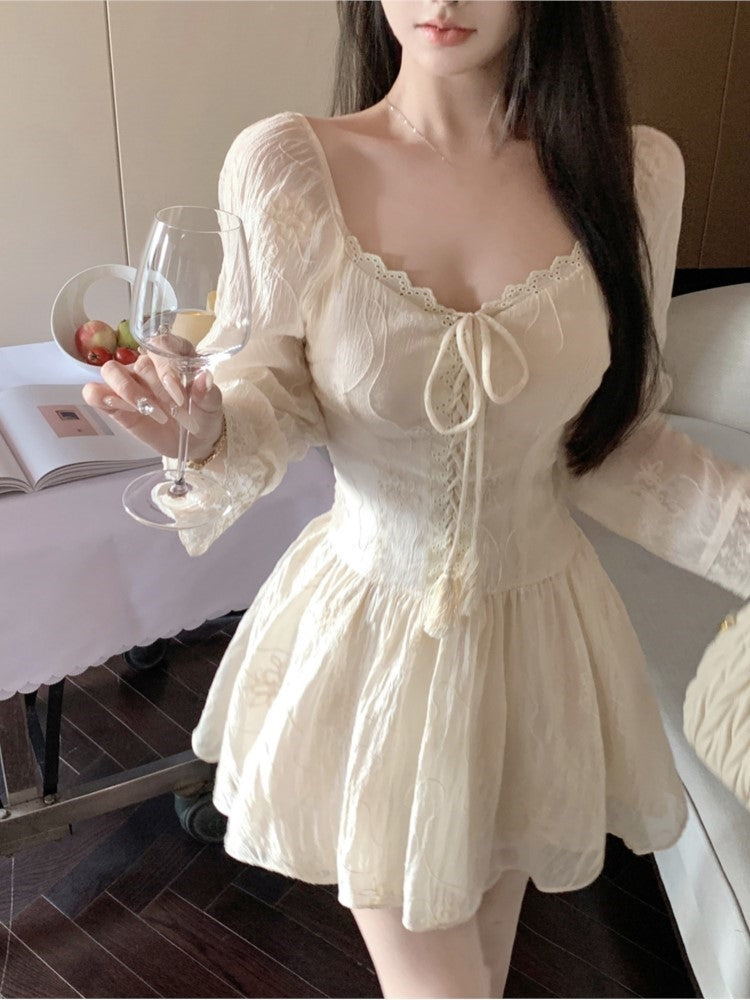 Slim Lace-up Mini Dress Bodycon V-neck Long Sleeve Spring French A-line Kawaii Birthday Party Vestidos Mujers