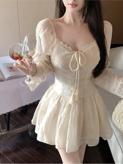 Slim Lace-up Mini Dress Bodycon V-neck Long Sleeve Spring French A-line Kawaii Birthday Party Vestidos Mujers