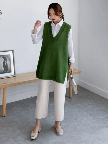 Sleeveless Split-side Color V-neck Knitted Vest