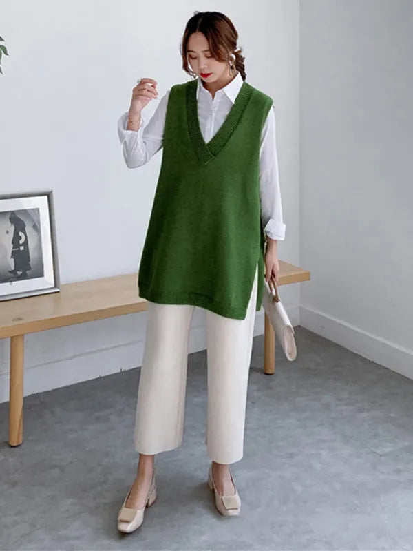 Sleeveless Split-side Color V-neck Knitted Vest