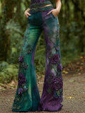 Women's Rose Embroidered Gradient Pattern Straight Flare Denim Pants elevenforest
