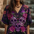 Day Of The Dead Glitter Purple Roses Sugar Skull Embroidered Linen Shirt elevenforest