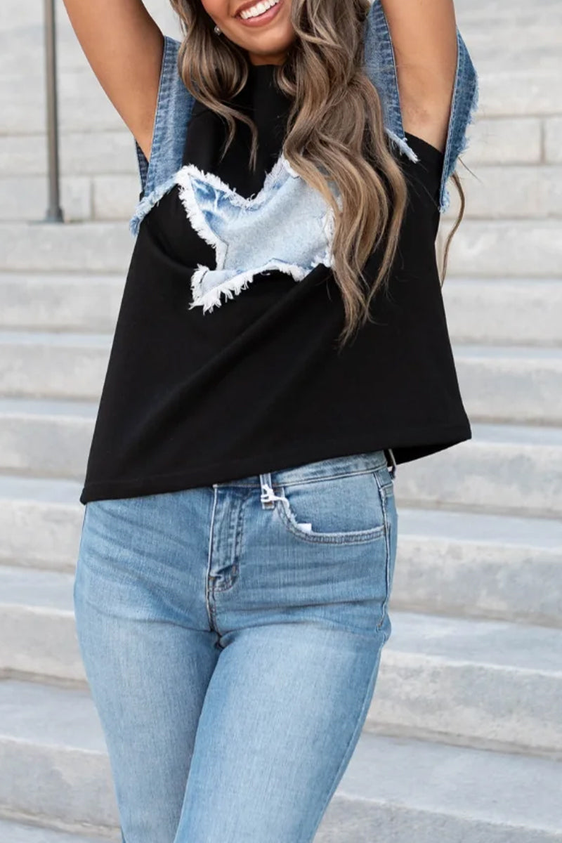 The Stars Distressed Patchwork O Neck T-shirts