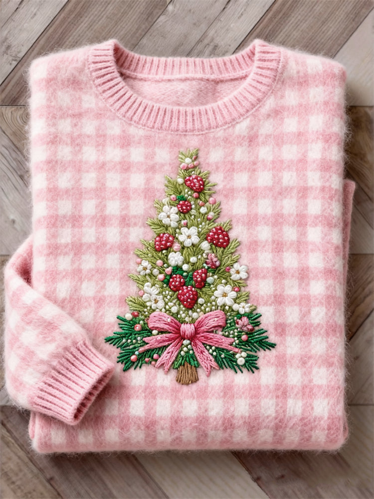 Cottage Berry Floral Christmas Tree Embroidered Check Cozy Sweater artswardrobe