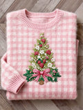Comstylish Cottage Berry Floral Christmas Tree Embroidered Check Cozy Sweater