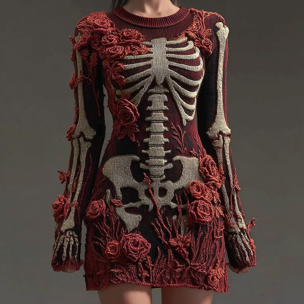Women's Vintage Skull Rose Comfortable Elegant Sweater Dress elevenforest