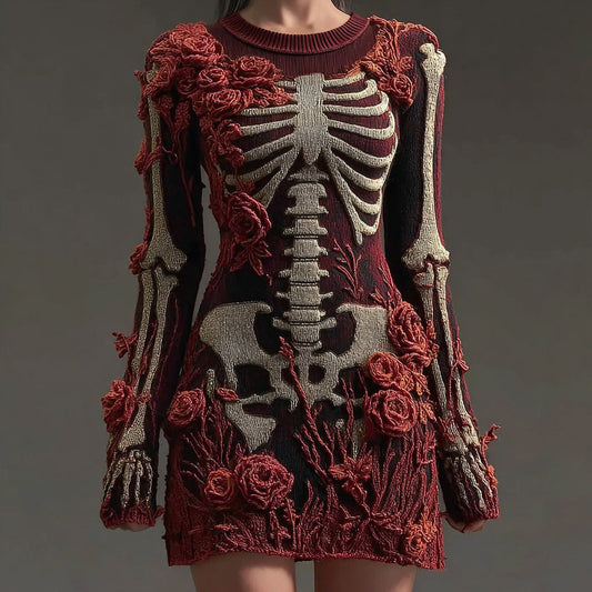 Comstylish Women's Vintage Skull Rose Comfortable Elegant Sweater Dress