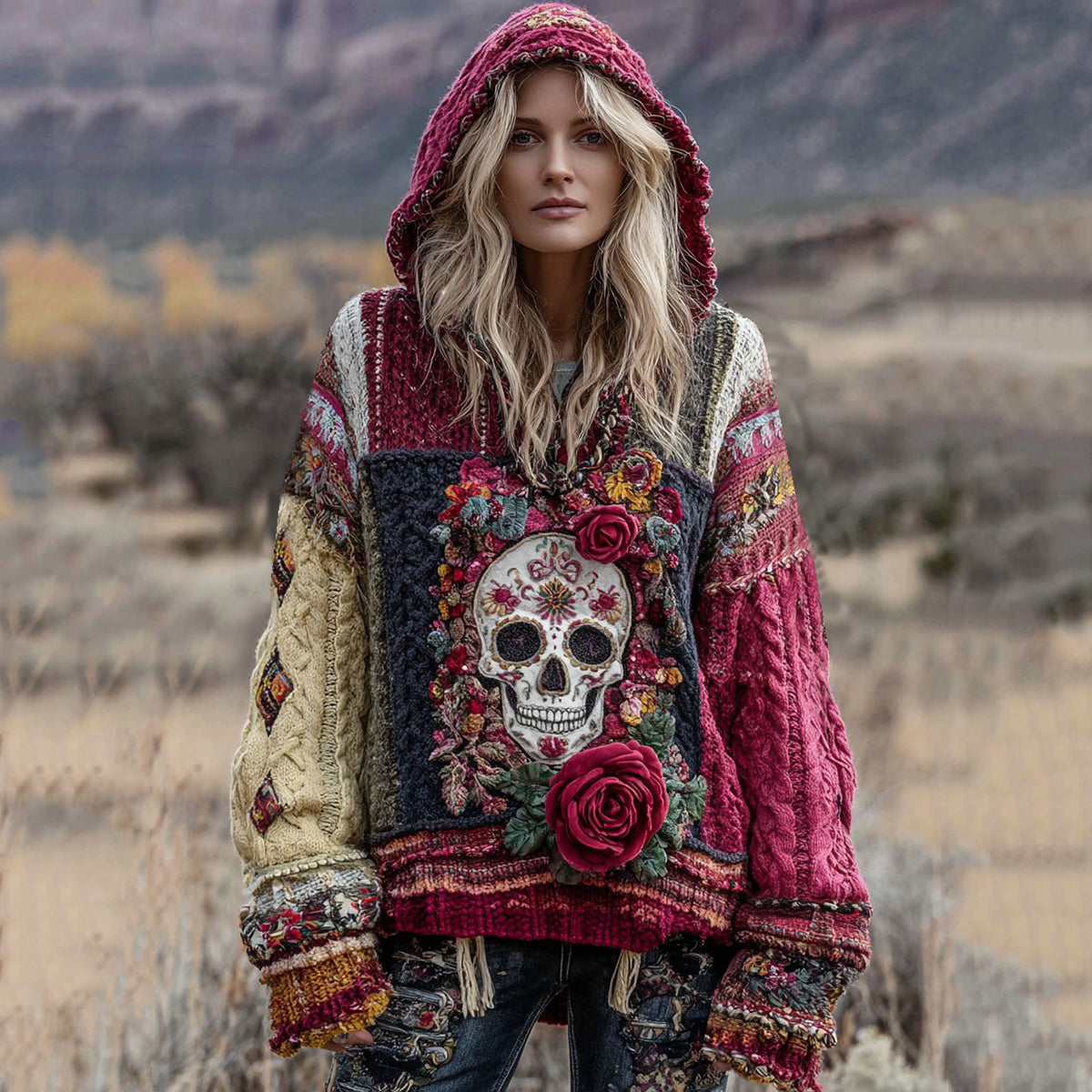 Vintage Boho Floral And Skull Inspired Colorblock Design Cozy Knit Hooded Sweater elevenforest