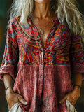 Women's Bohemian Floral Art Print Casual Cotton Linen Shirt