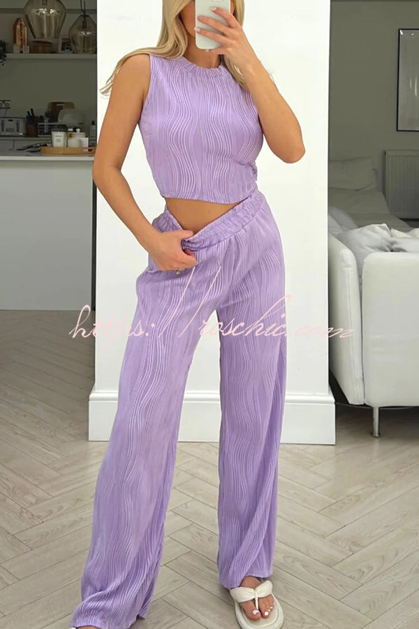 Color Water Wave Crew Neck Tank Top and Elastic Waist Straight Pants Set