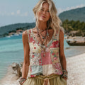 Women's Vintage Floral Art Linen Patchwork Sleeveless Top elevenforest