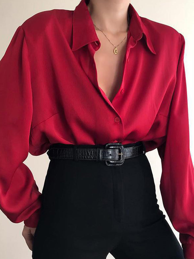 Button Blouses Turn Down Collar Shirts Office Lady Long Sleeve Blouse Loose Ol Shirt Baggy Tops Red/wine Red /black