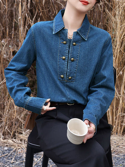 Long Sleeves Loose Buttoned Split-joint Lapel Blouses&shirts Tops