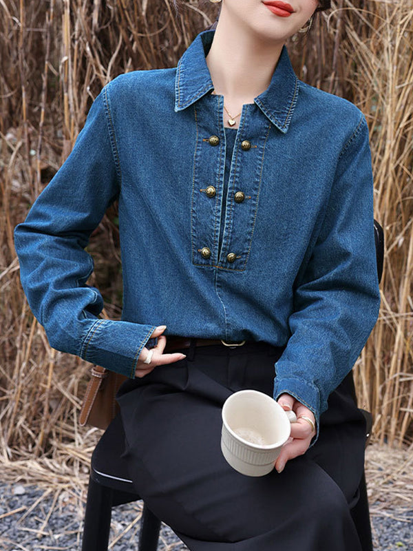 Long Sleeves Loose Buttoned Split-joint Lapel Blouses&shirts Tops