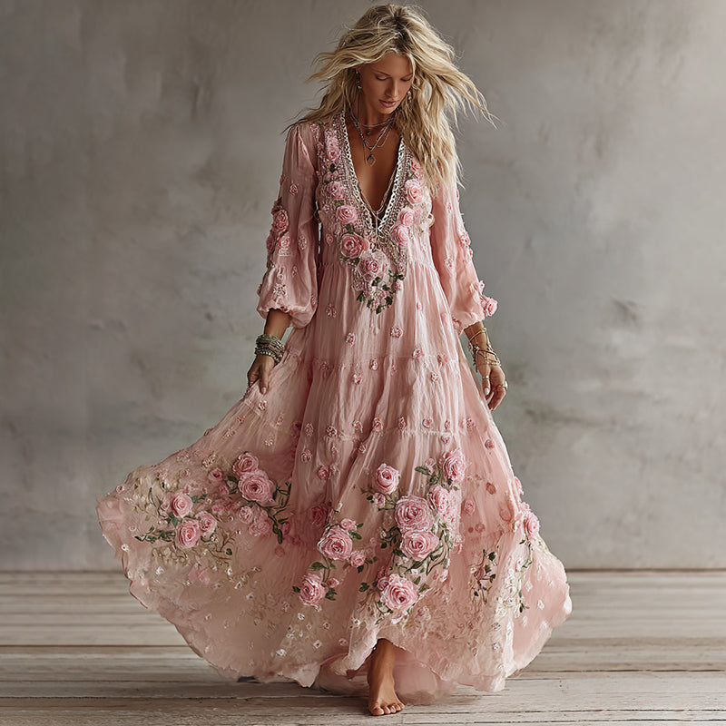 Women's Bohemian Floral Lace V-neck Maxi Dress elevenforest