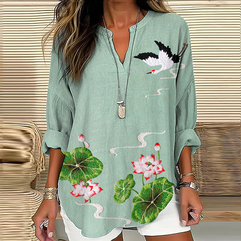 Women's Japanese-style Lotus And Crane Art Linen Long-sleeved Shirt elevenforest