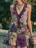Vintage Purple Roses Embroidered V Neck Linen Mini Dress elevenforest