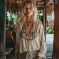 Women's Vintage Floral Ethnic Art Pattern V Neck Casual Linen Top elevenforest